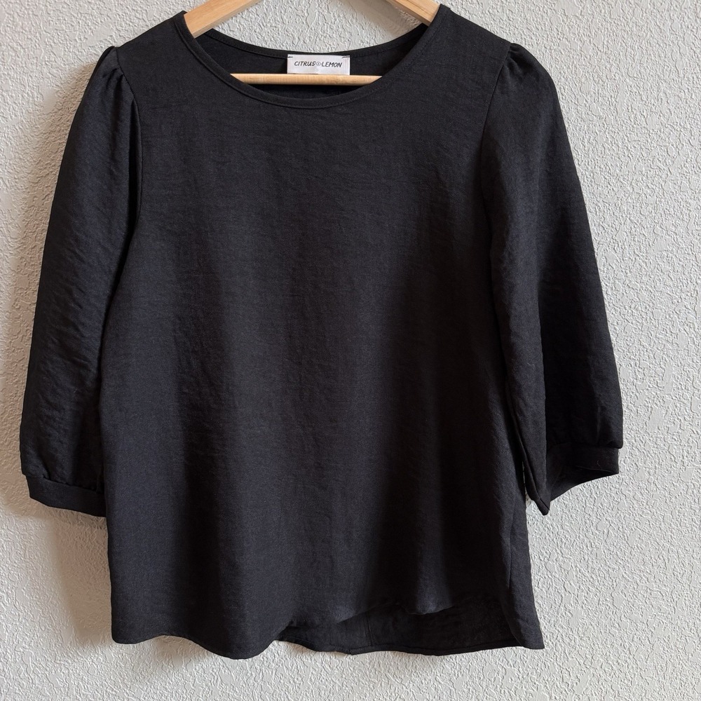 Citrus Lemon Women's Small Black Blouse Back Buttons 3/4 Puff Sleeve
